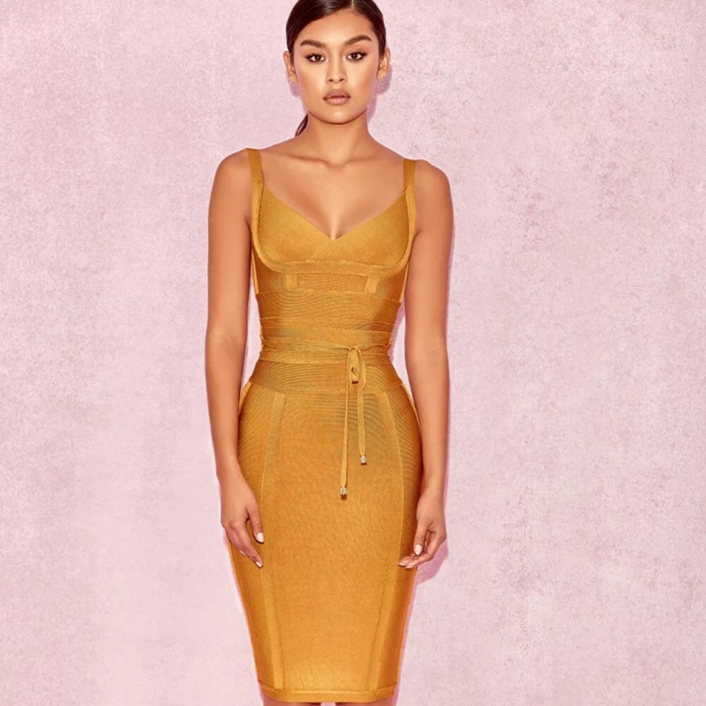 HOUSE OF CB Belice Ginger Tie Waist Bandage Dress
